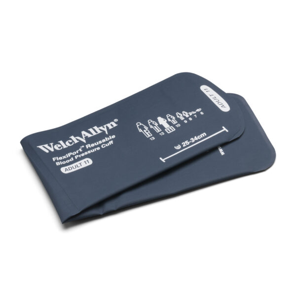 Adult-size Welch Allyn FlexiPort Reusable Blood Pressure Cuff with color-coded sizing, easy one-hand attachment, and rotatable port for Atlas, VSM, and Spot devices.