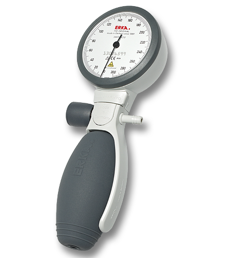 ERKA Switch 2.0 Comfort Sphygmomanometer with ergonomic design and sensitive screw valve for precise blood pressure measurements, featuring durable GREEN CUFF cuffs and tempered copper-beryllium membrane for consistent accuracy, German-engineered for medical professionals.