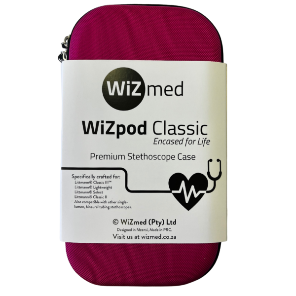 WiZpod Raspberry - Vibrant and sturdy stethoscope case with personalizable nameplate.