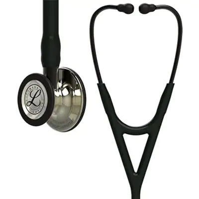 Littmann Cardiology IV Stethoscope in Black with Champagne Finish and Stem, designed for high-clarity diagnostics in critical care environments, featuring a tunable dual-sided chestpiece and a 7-year warranty.