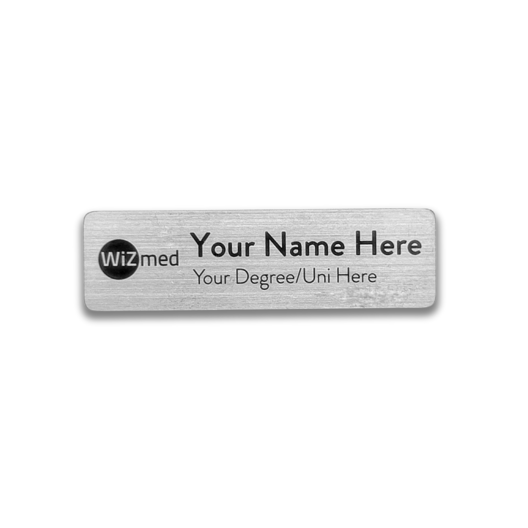 Professional metal name badge with magnetic fastener, customizable with name, role, and university logo.