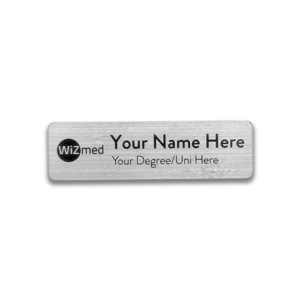 Professional metal name badge with magnetic fastener, customizable with name, role, and university logo.