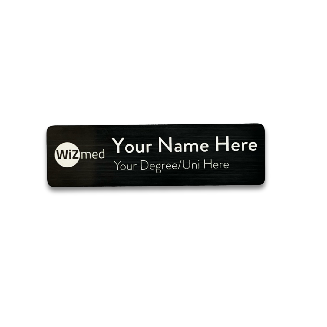 Professional metal name badge with magnetic fastener, customizable with name, role, and university logo.