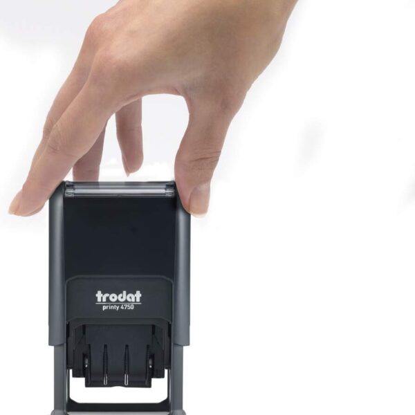 Hand pressing black Trodat Printy Dater 4750 stamp on white background