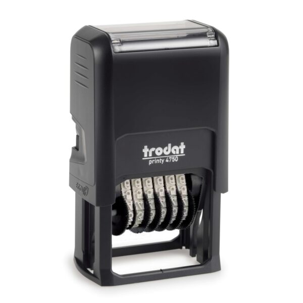Black Trodat Printy Dater 4750 self-inking date stamp with adjustable wheels