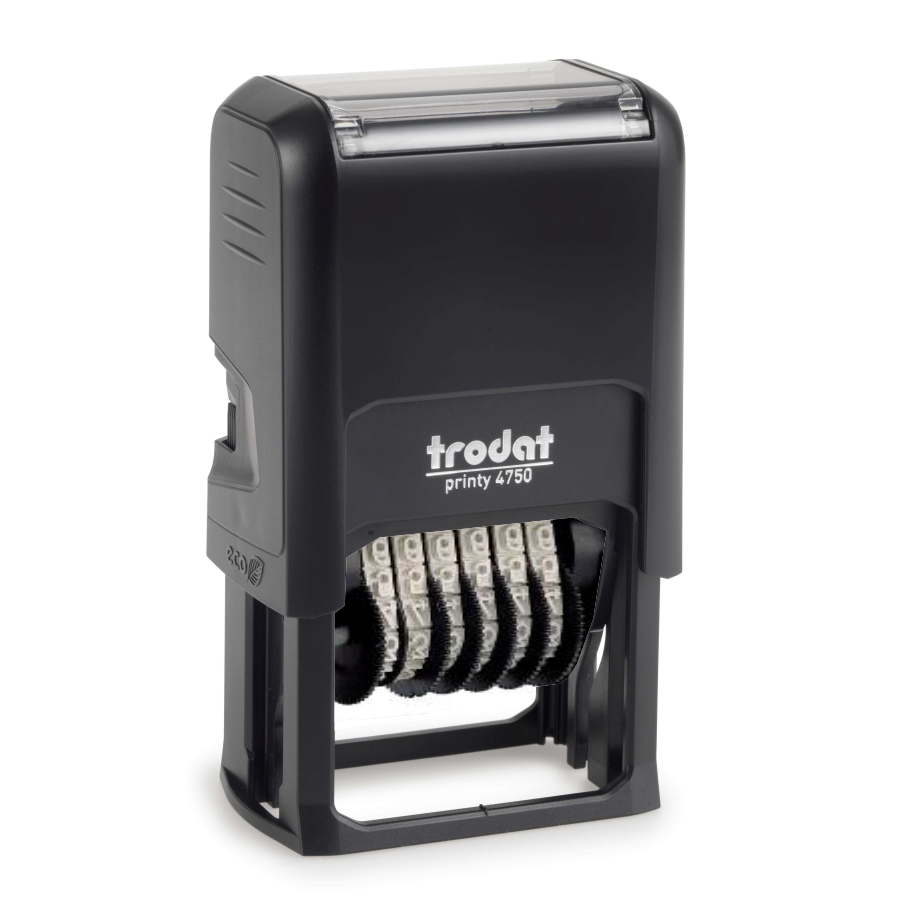Black Trodat Printy Dater 4750 self-inking date stamp with adjustable wheels